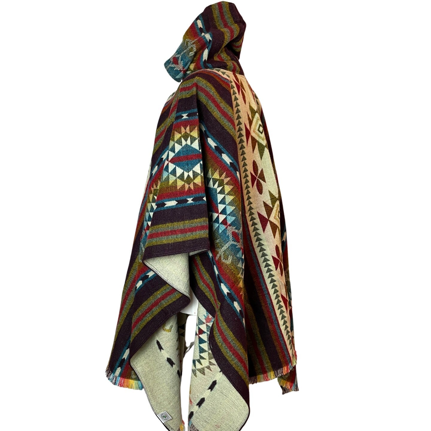 Mens Hooded Alpaca Poncho | Maroon Multicolor