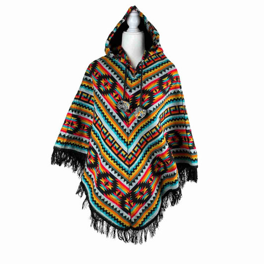 Lightweight Warm Boho Wool Hooded V Style Poncho - Black Colorful