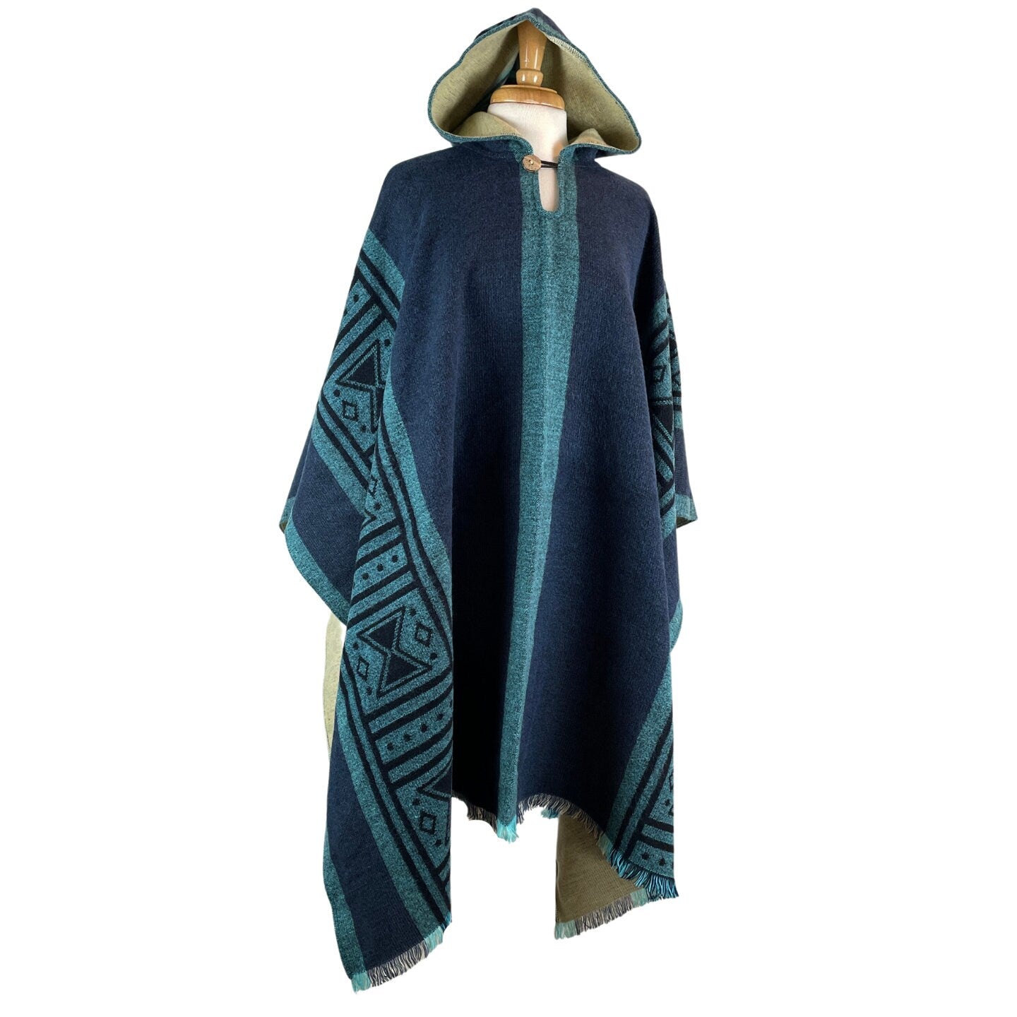 Mens Alpaca Wool Poncho Hoodie | Green Black