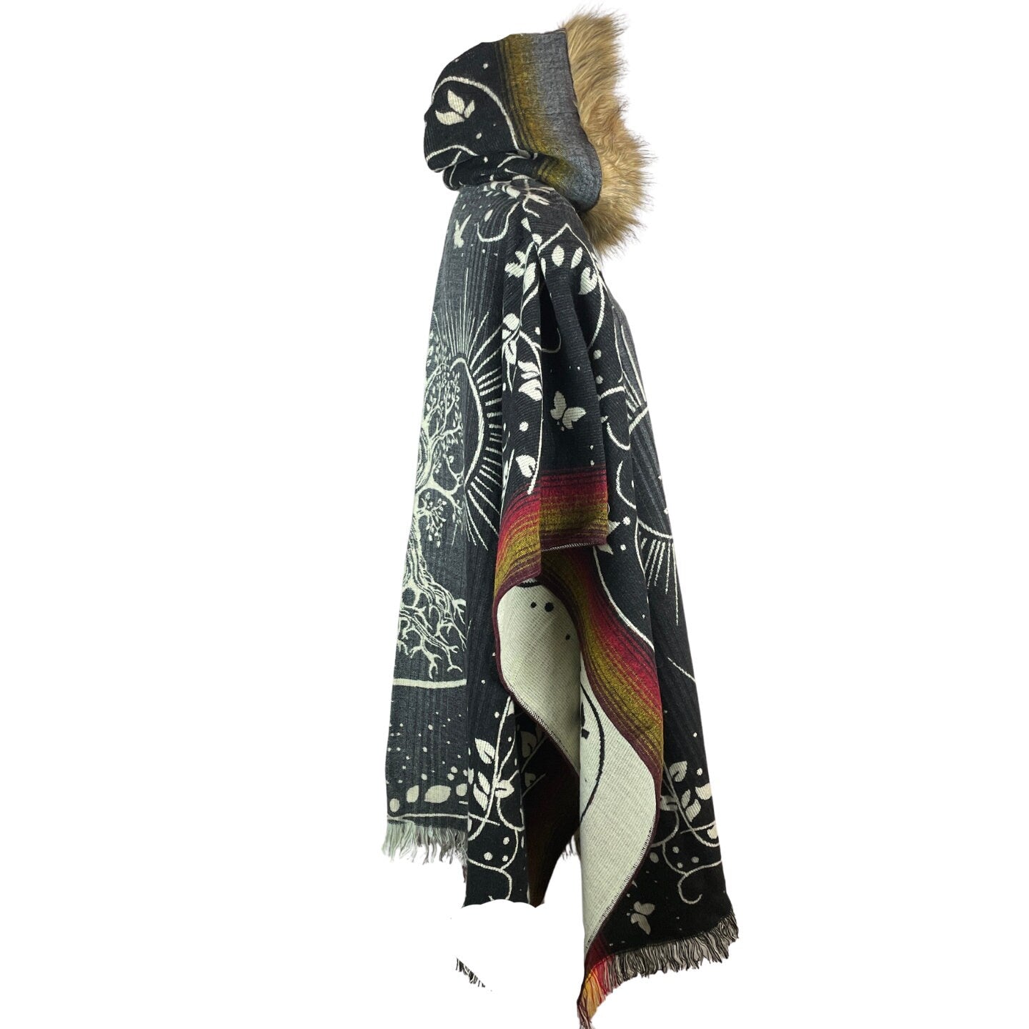 Tree of Life & Sun Faux Fur Hooded Poncho | Black Red