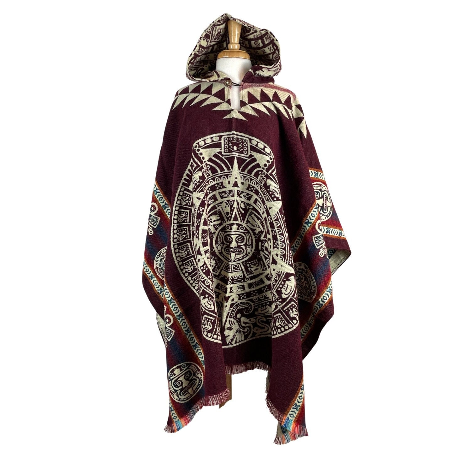 Warm Hooded Unisex Aztec Calendar Poncho | Wine Beige