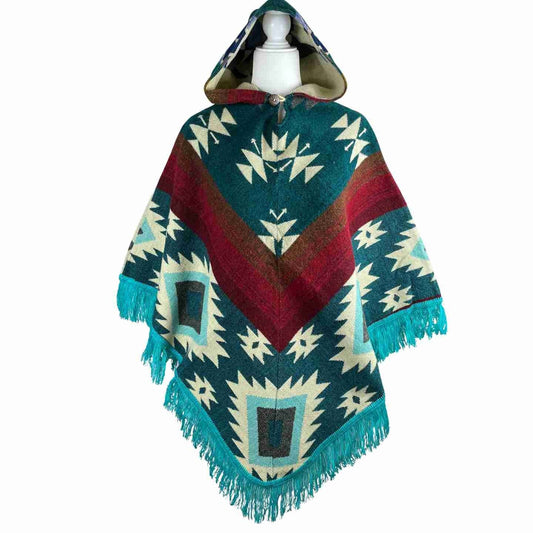 Soft Warm Boho Alpaca Wool Hooded V Style Poncho - Red Beige Cyan