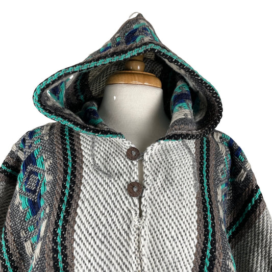 Weighted Hippie Hooded Sheep Wool Poncho | Silver Gray Turquoise