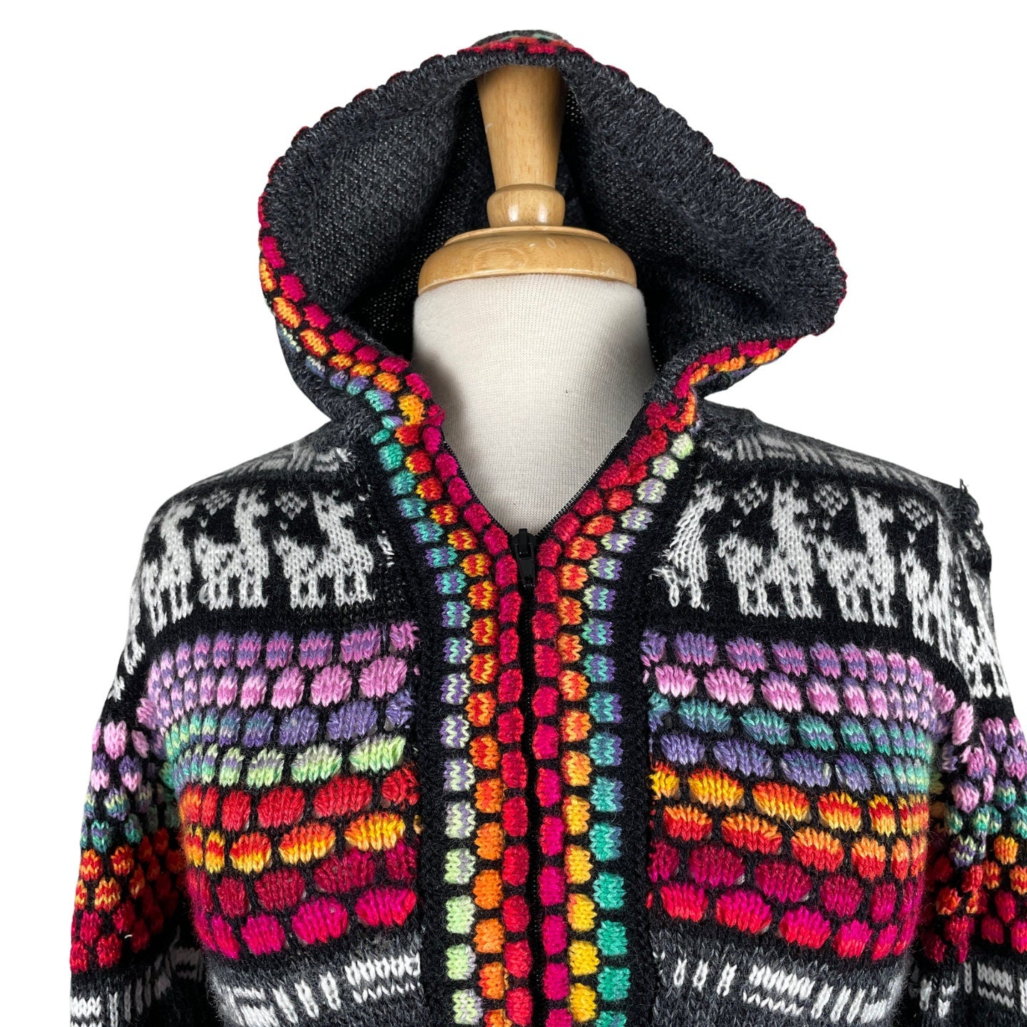 Soft Hooded Alpaca Sweater | Charcoal Colorful