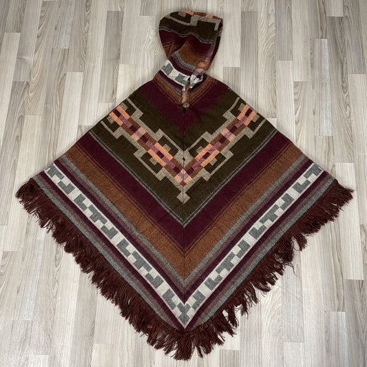 V Shaped Style Hooded Poncho with Fringes | Brown Maroon