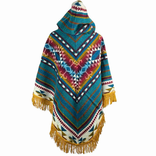 Warm Cozy Boho Alpaca Wool Hooded Poncho - Winter Soft Outerwear for Women, Dark Teal V Style Cape with Mustard Tassels