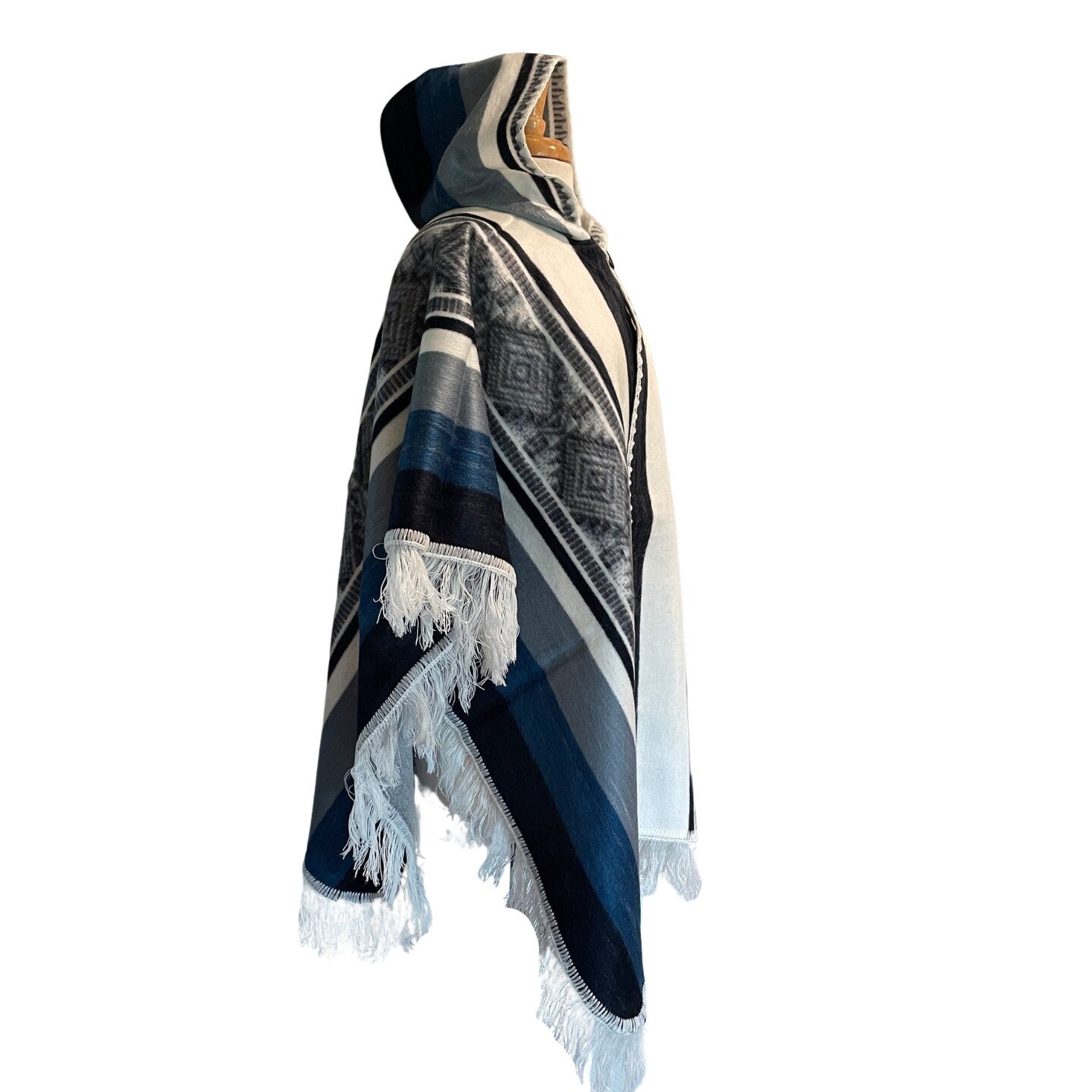 Open Hooded Poncho Women | White Gray Blue