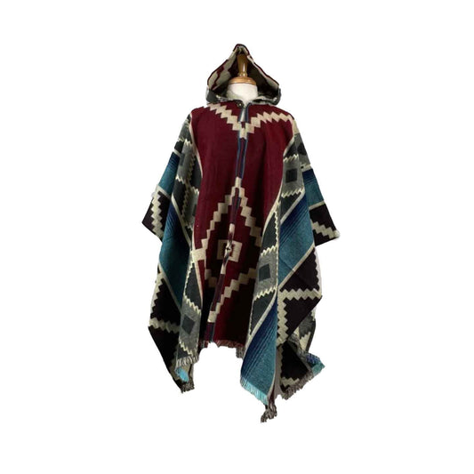 Warm Hooded Alpaca Poncho | Red Light Blue