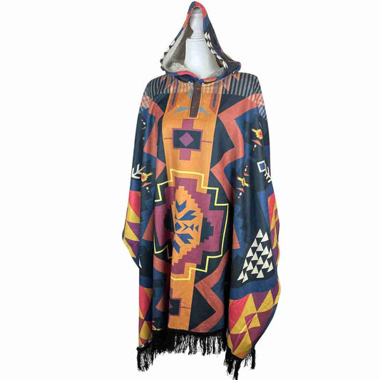 Cozy Sherpa Unisex Hooded Poncho - Navy Orange Yellow
