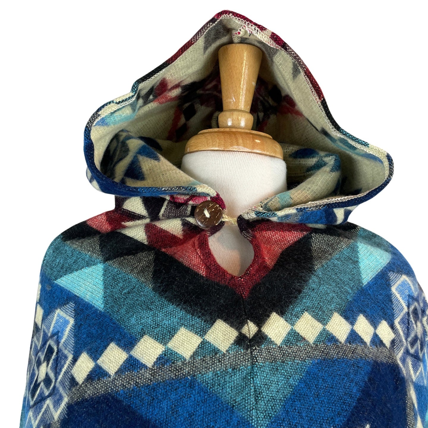 V-Shaped Alpaca Hooded Poncho | Blue Gray Pink
