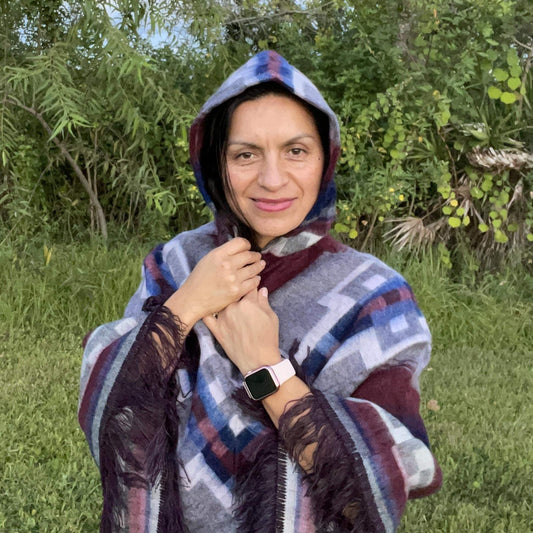V-Shape Hooded Alpaca Poncho | Blue Burgundy Gray