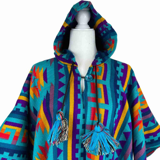 Stylish Men's Hooded Poncho | Teal Yellow Red
