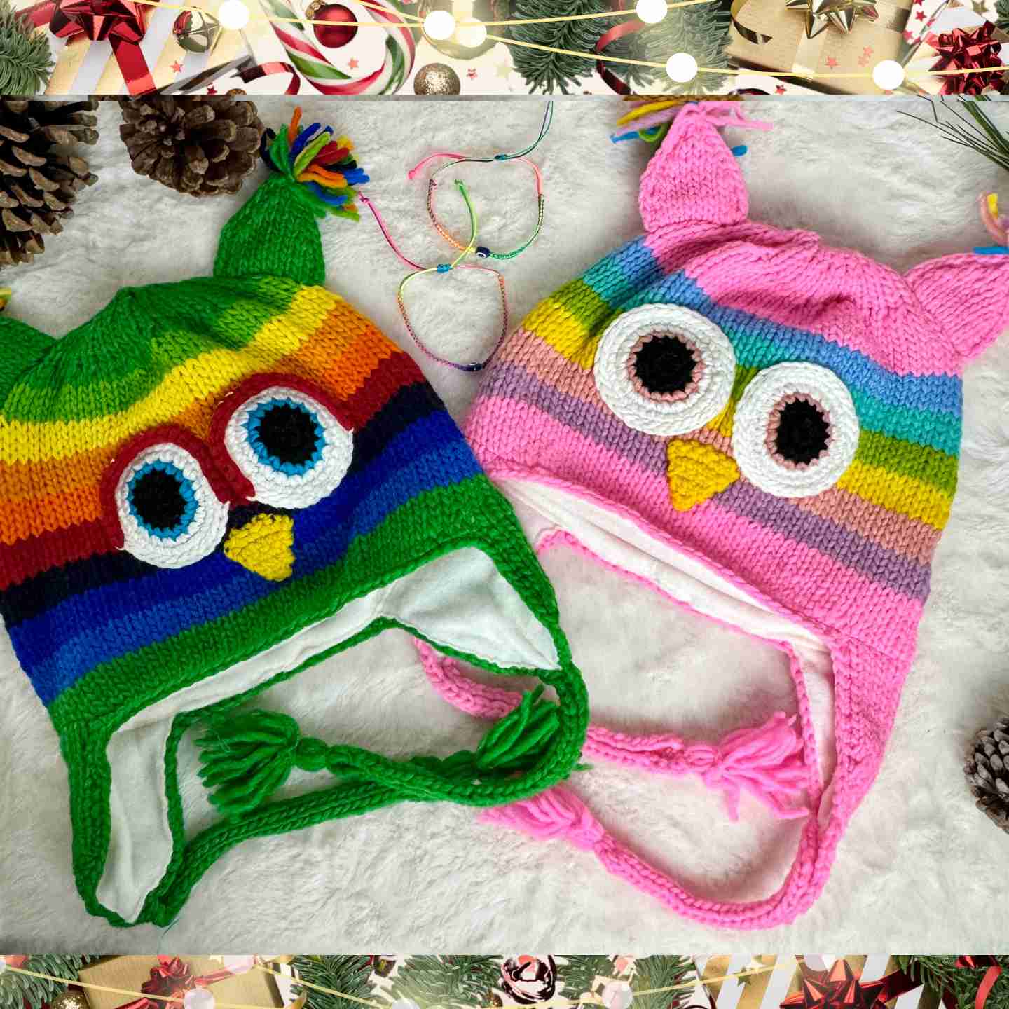 Kids Snow Bundle Two Winter Hats and Two Friendship Bracelets