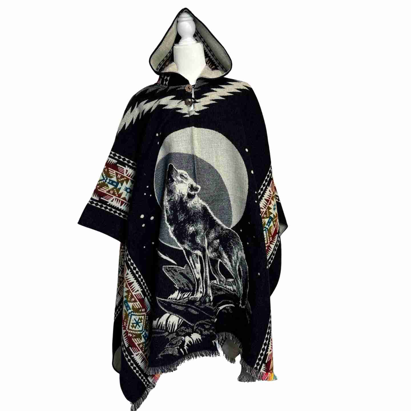 Wolf Hooded Poncho, Boho Tribal Blanket Cape with Wolf Design, Cozy Festival Poncho