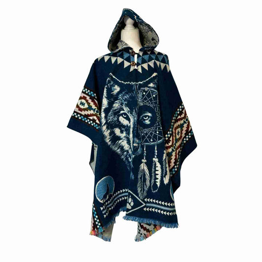 Wolf Hooded Poncho, Boho Tribal Blanket Cape with Wolf Design, Cozy Festival Poncho