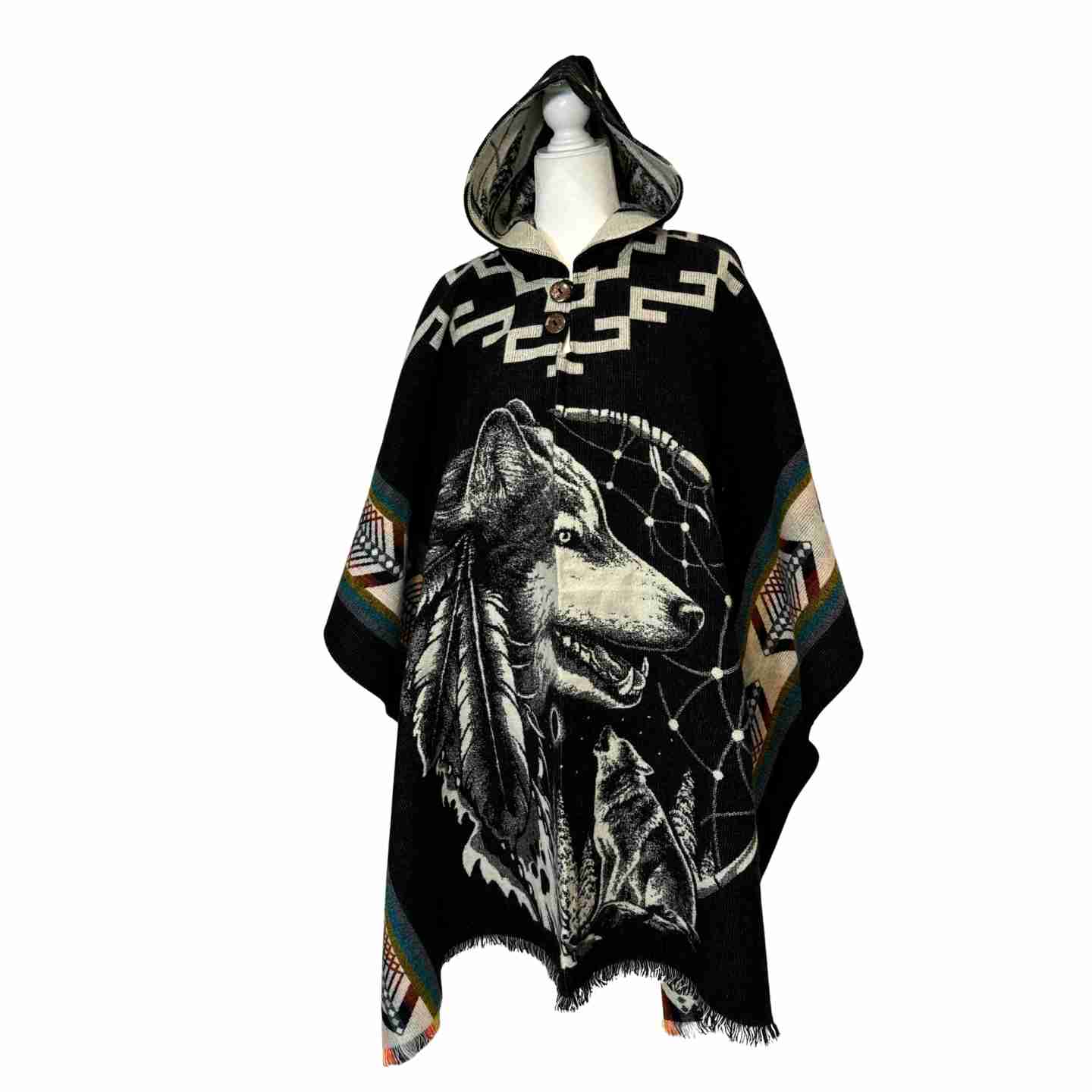 Wolf Hooded Poncho, Boho Tribal Blanket Cape with Wolf Design, Cozy Festival Poncho