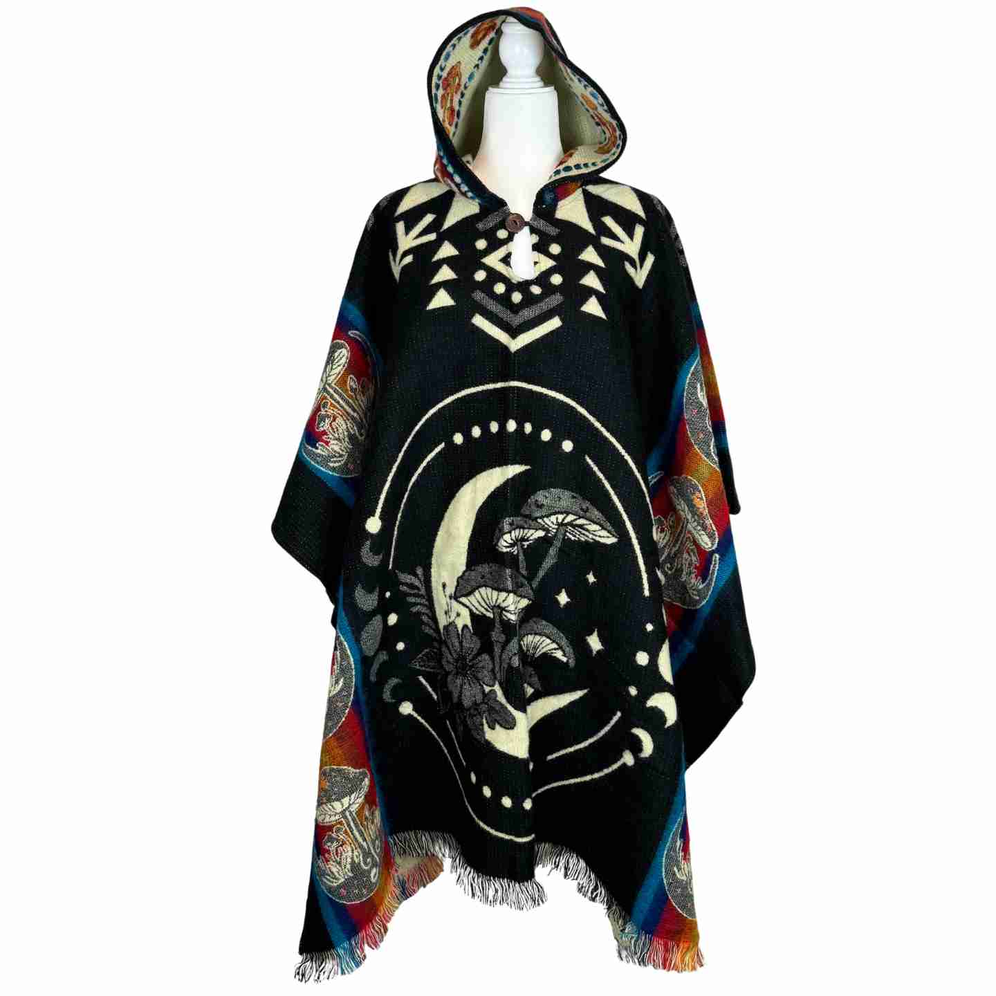 Mushrooms & Moon Phases Alpaca Poncho Hoodie | Black - Purple - Teal - Navy