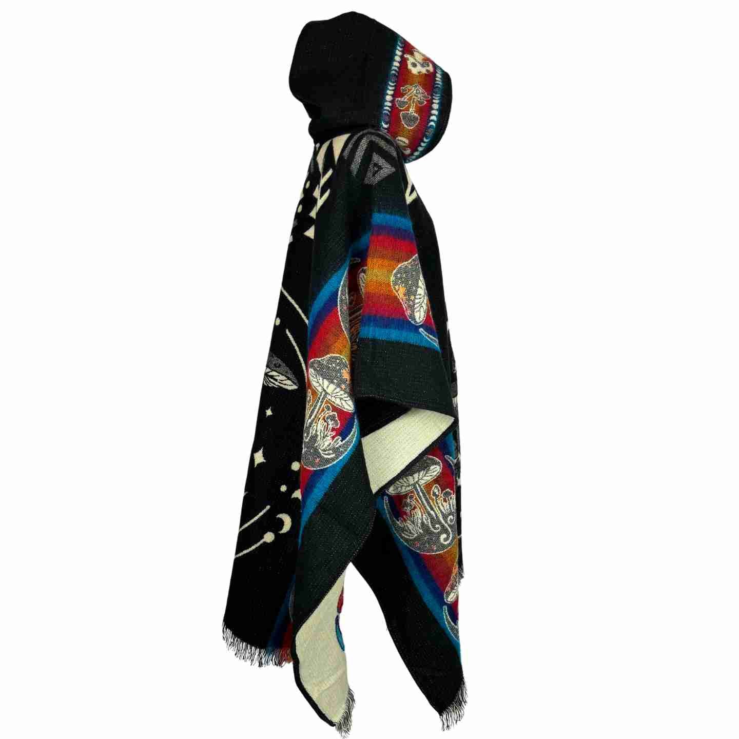 Mushrooms & Moon Phases Alpaca Poncho Hoodie | Black - Purple - Teal - Navy