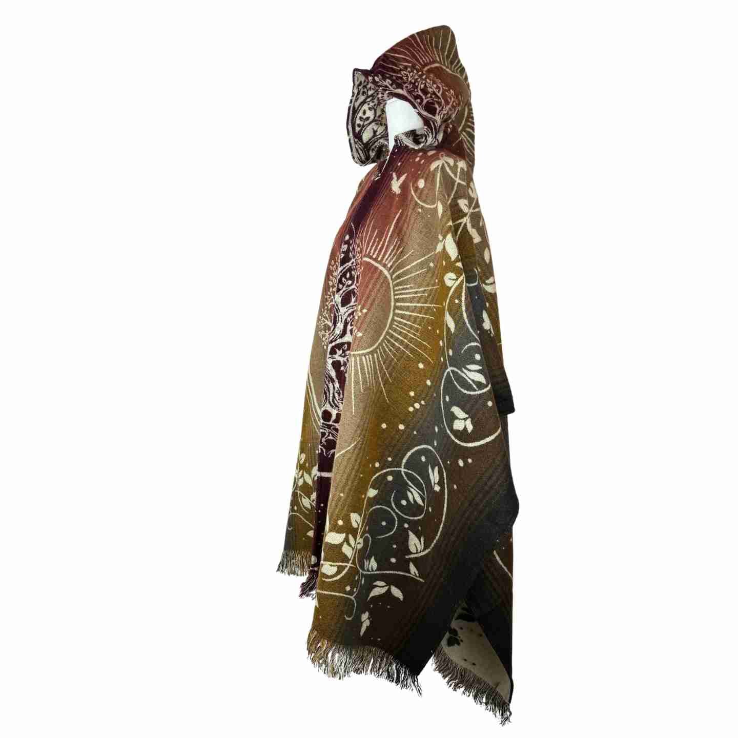 Tree of Life Hooded Poncho, Unisex Boho Festival Cape, Sun & Nature Design, Cozy Fall/Winter Wrap