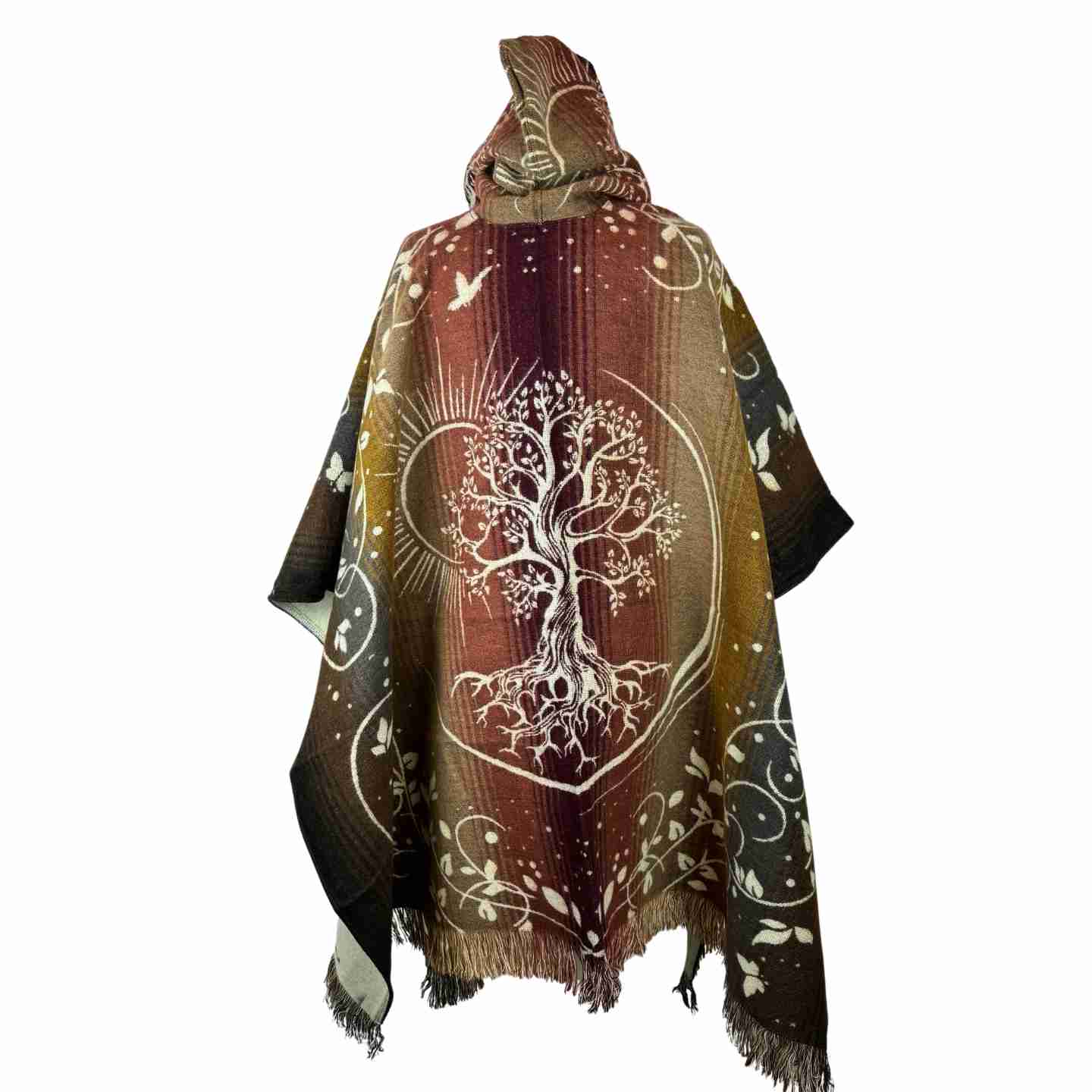 Tree of Life Hooded Poncho, Unisex Boho Festival Cape, Sun & Nature Design, Cozy Fall/Winter Wrap