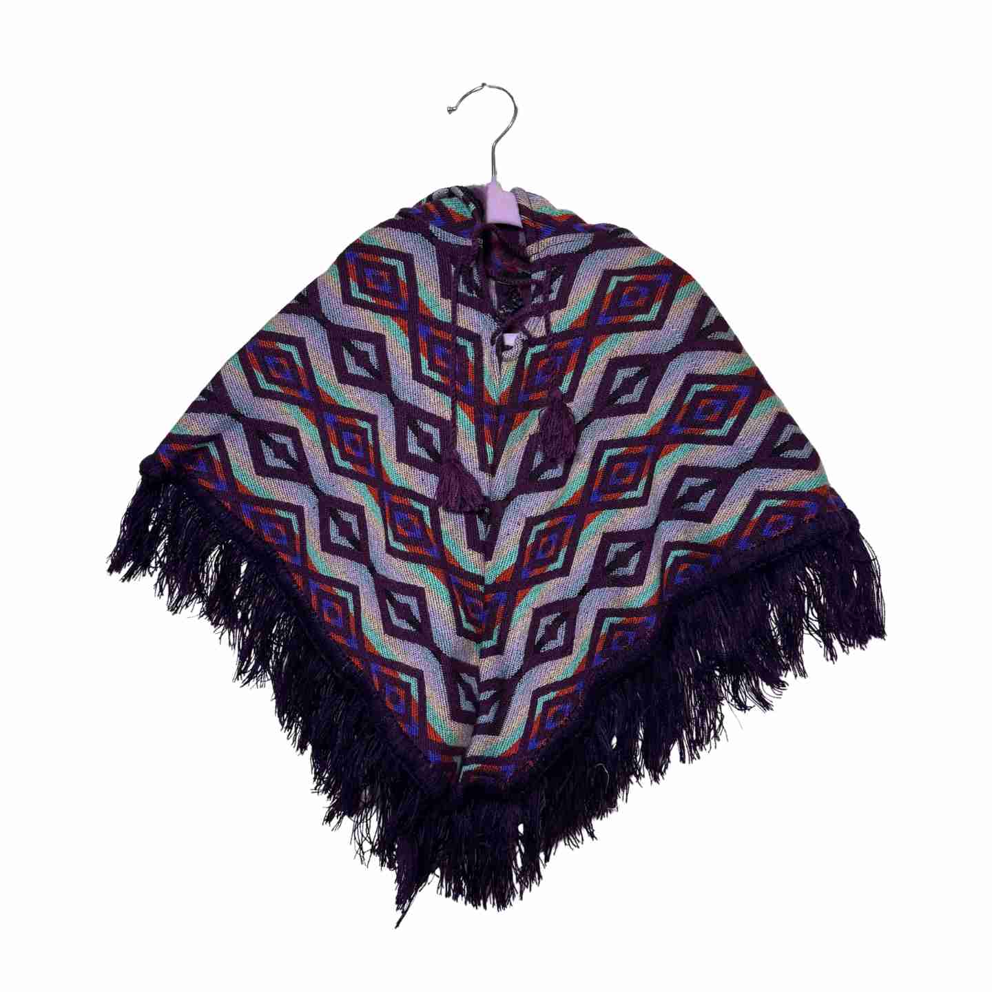 Handcrafted Kids Alpaca Hooded Poncho – Geometric Pattern Outerwear (Size 12M)