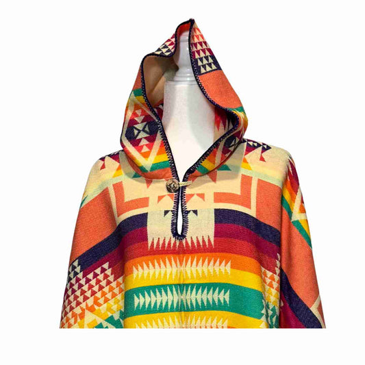 Hood and buttoned neckline detail on Cactus Bloom Fiesta alpaca-blend poncho