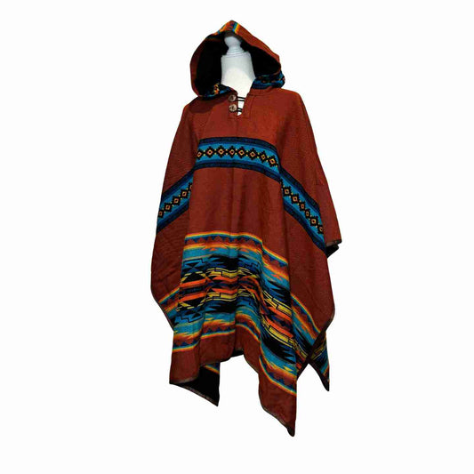 Canyon Trails Rust hooded alpaca-blend poncho in rust with turquoise and black bands, unisex front view