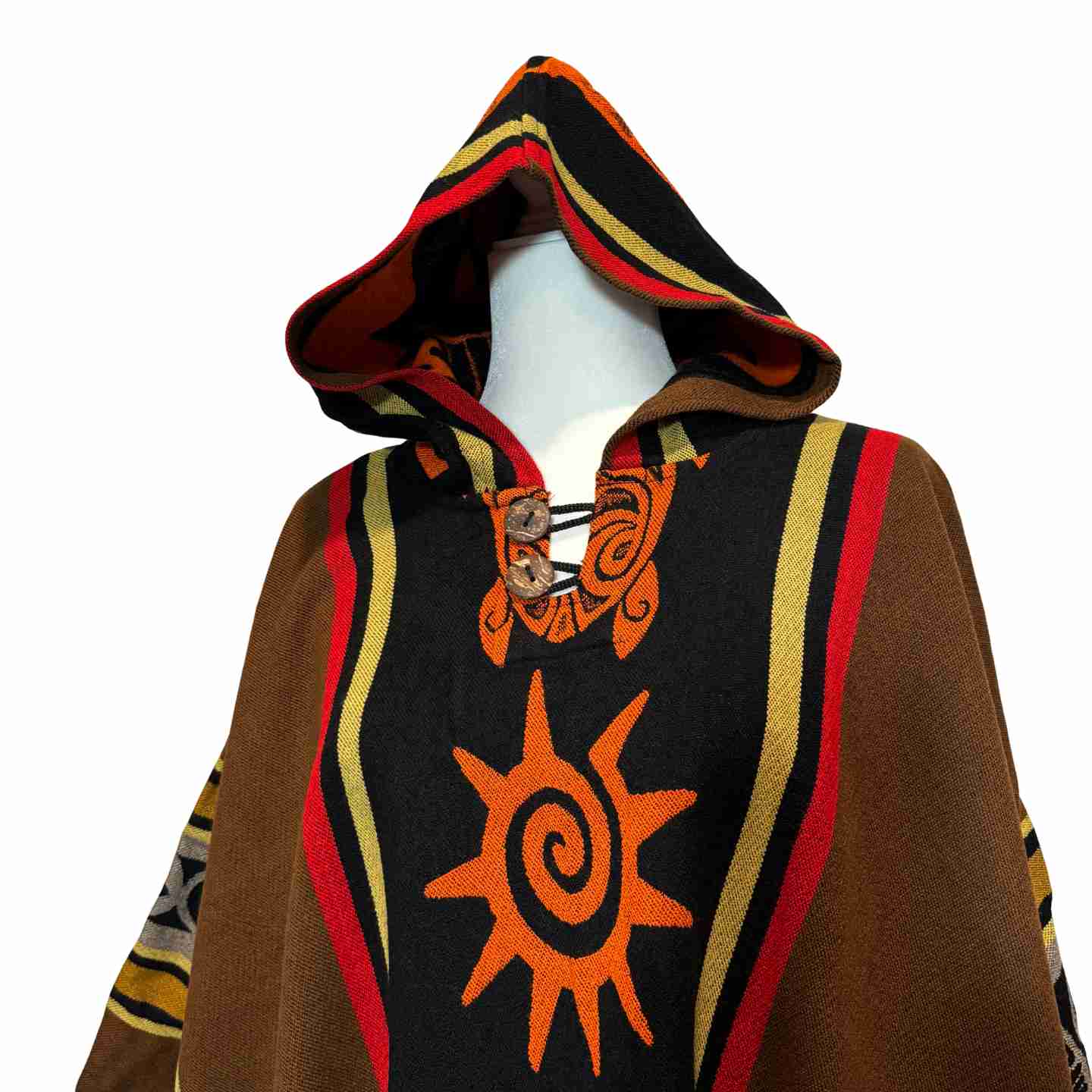 Hood and buttoned neckline detail on Four Directions Earth alpaca-blend poncho