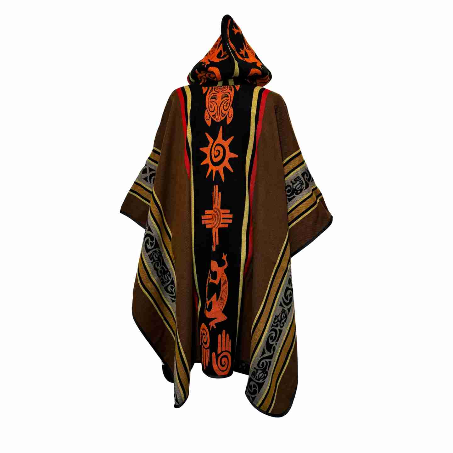 Back view showing soft drape of Four Directions Earth hooded poncho