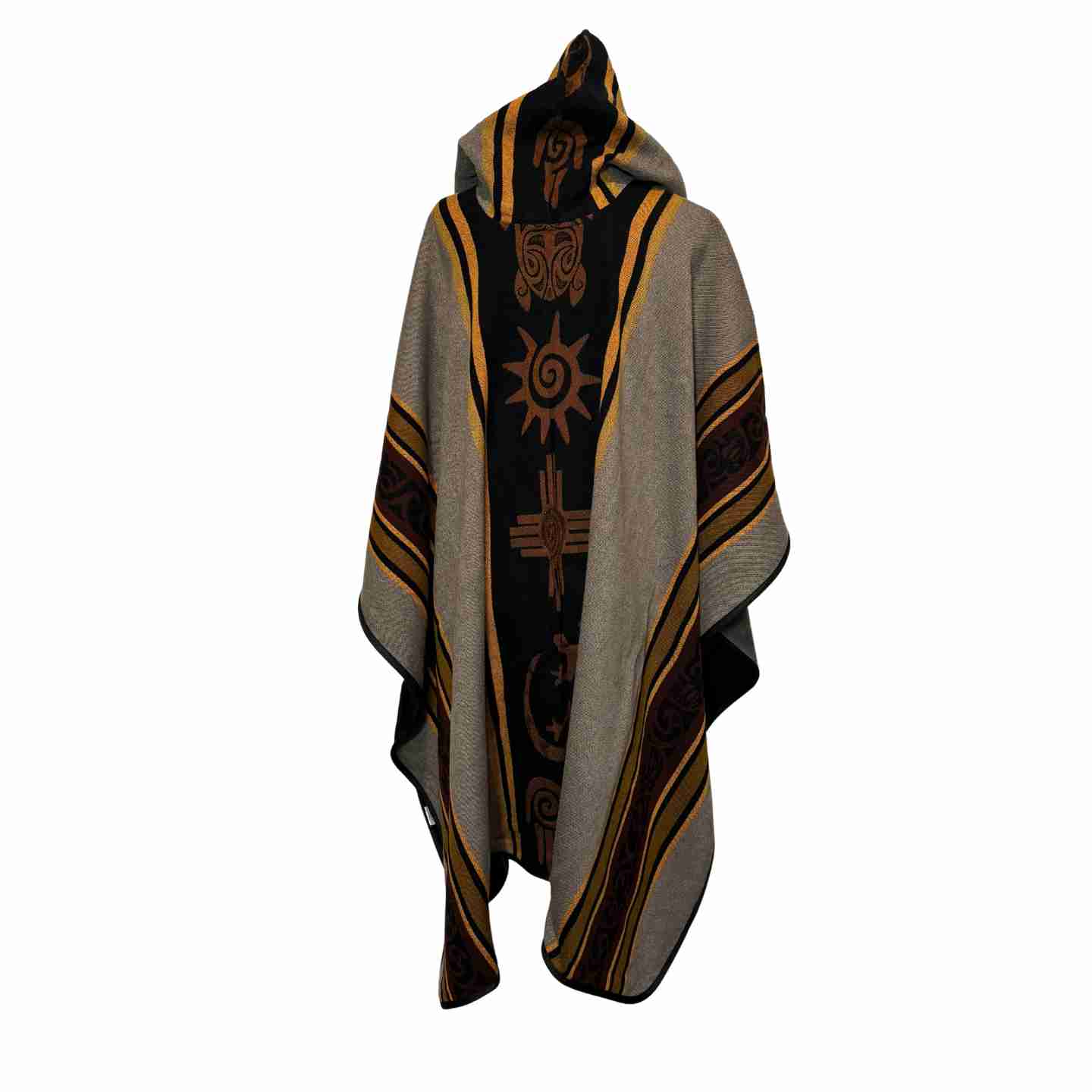 Four Directions Nightfall hooded alpaca-blend poncho in taupe and black, front view with sun and four-directions motif