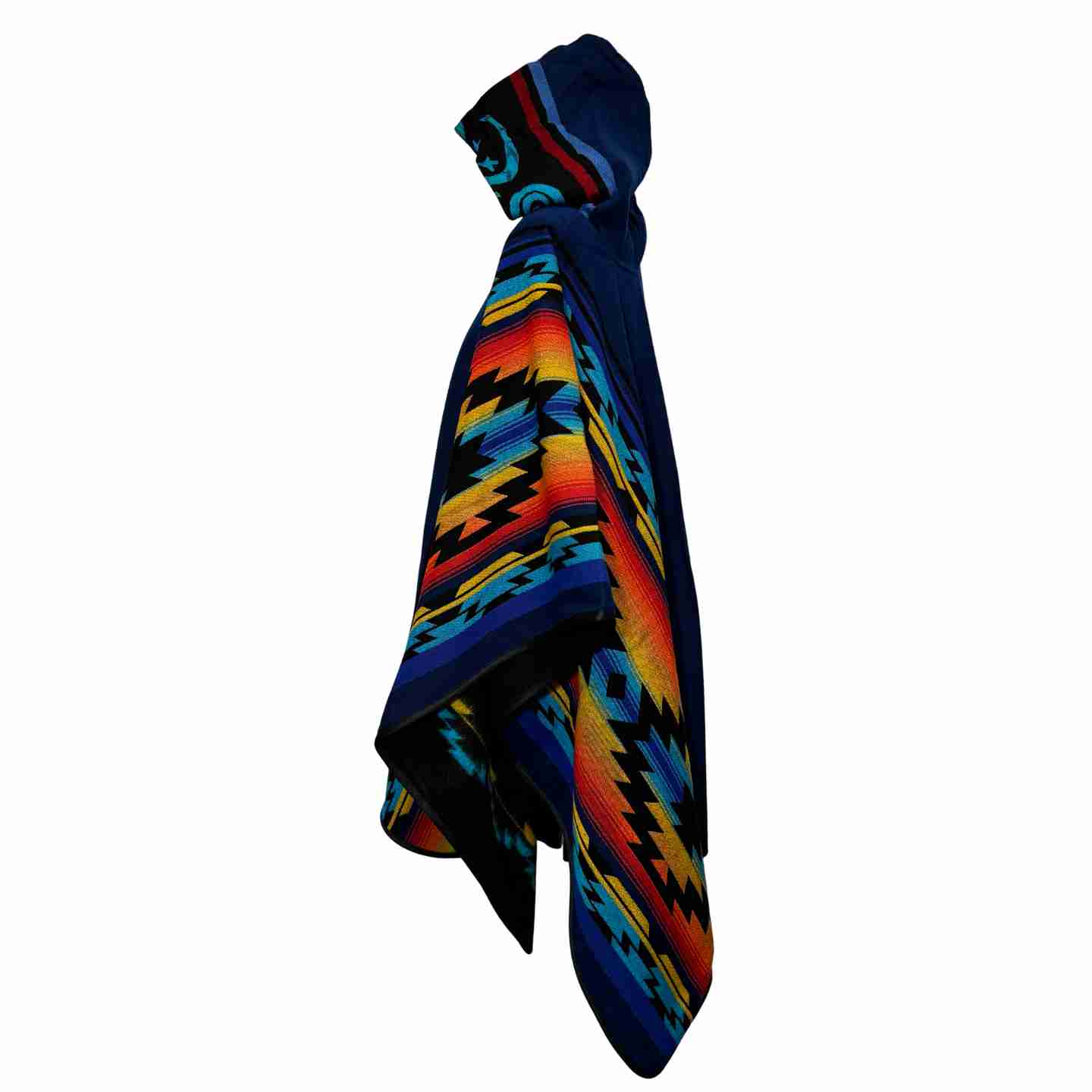 Side angle of navy hooded alpaca poncho with colorful zigzag sleeves