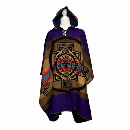 Sunstone Aura Violet hooded alpaca-blend poncho in purple with chakana (Andean cross) medallion, front view