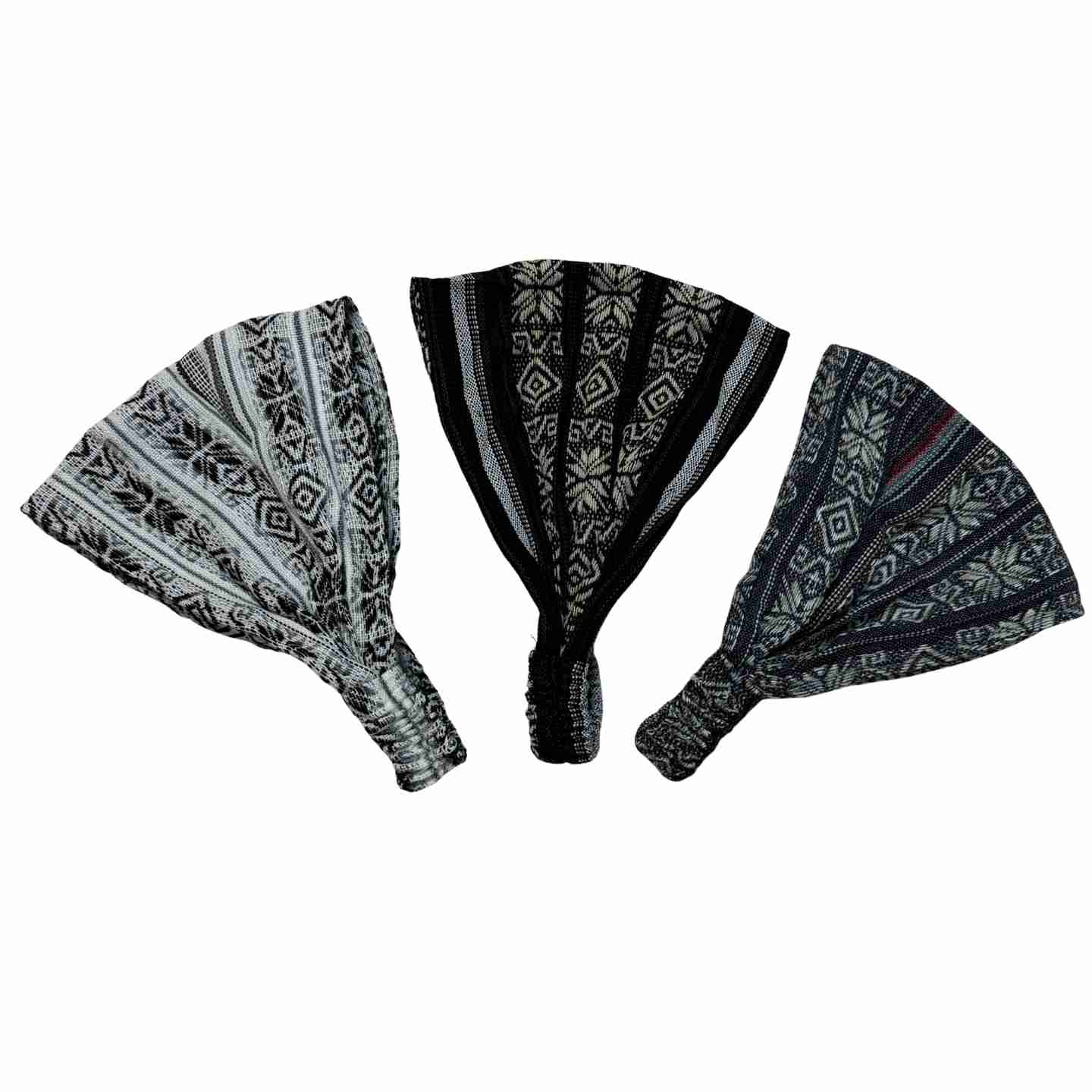 Three patterned headbands on a white background