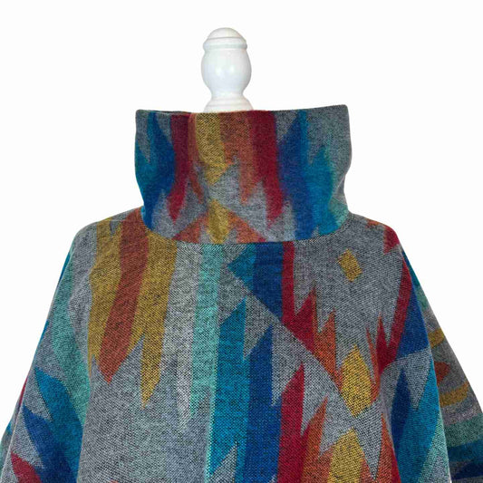 Slate Gray Blue Turtleneck Warm Poncho Cape with Two Pockets