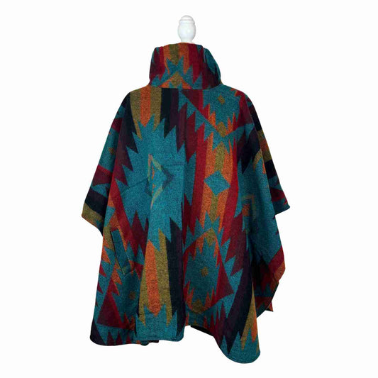 Teal Orange Red Turtleneck Warm Poncho Cape with Two Pockets