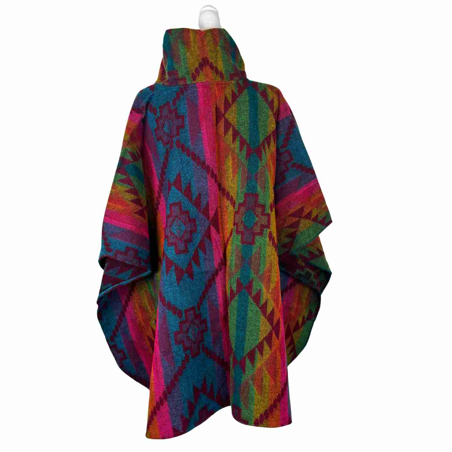 Vibrant Rainbow Turtleneck Warm Poncho Cape with Two Pockets