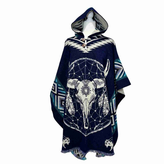 Unisex Hooded Bison Skull Poncho - Navy Woven Dreamcatcher Cape