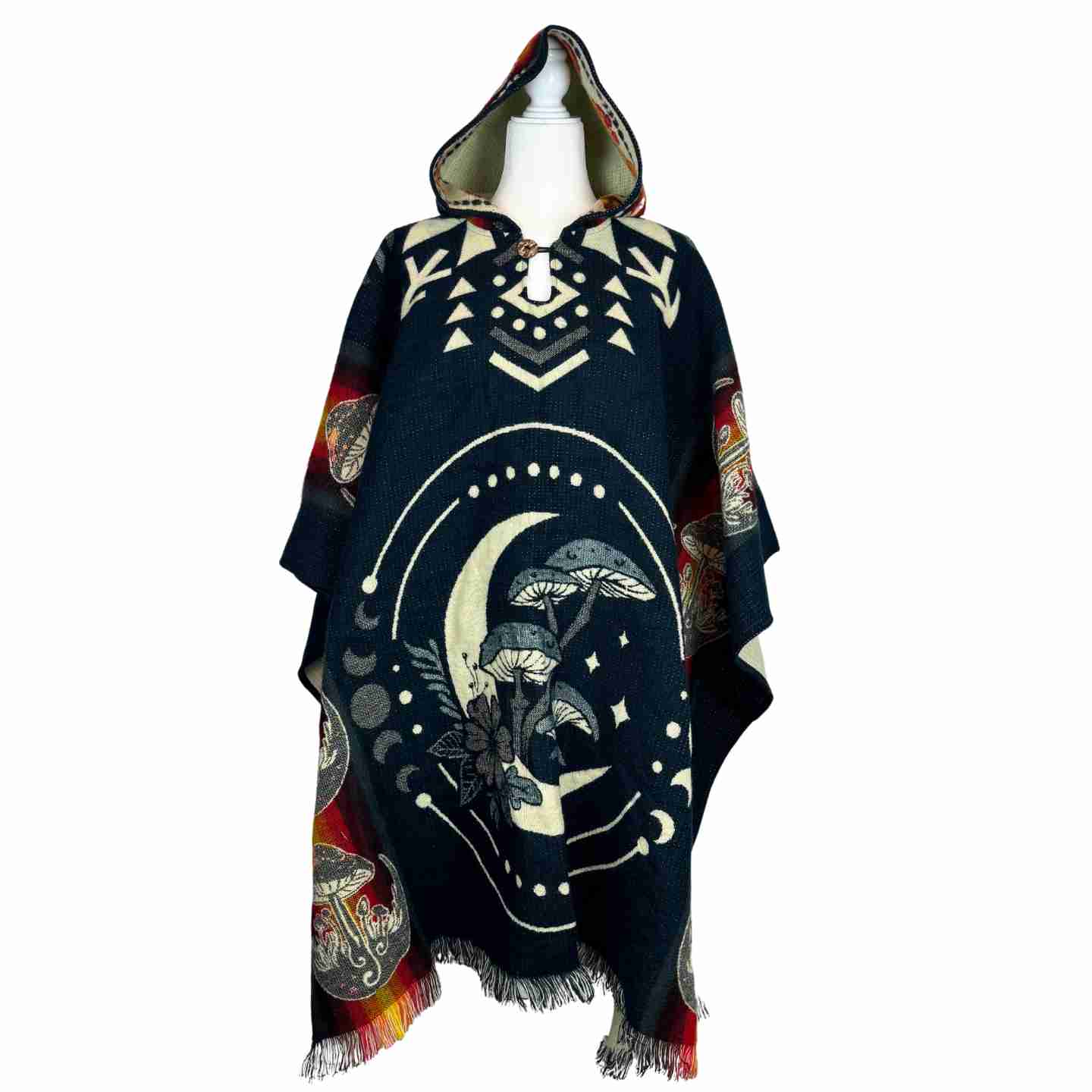 Mushrooms & Moon Phases Alpaca Poncho Hoodie | Black - Purple - Teal - Navy