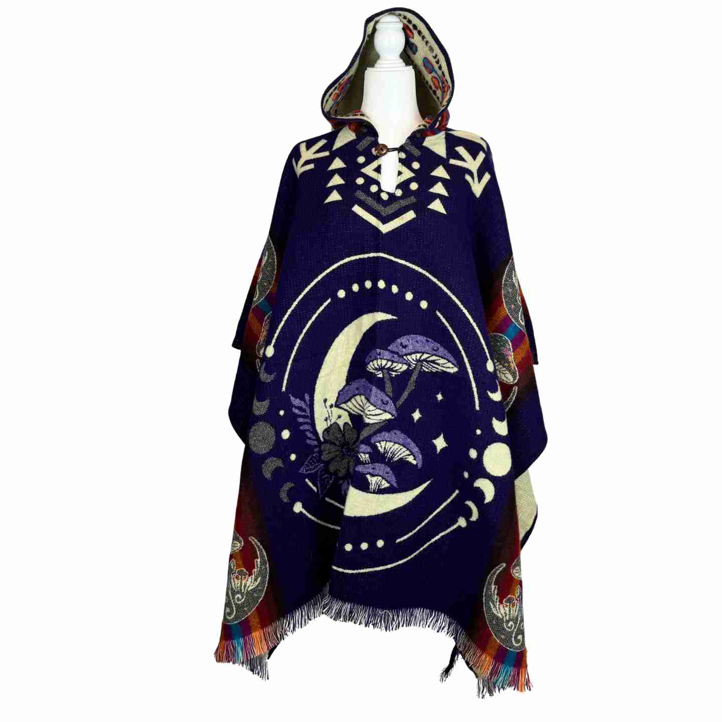 Mushrooms & Moon Phases Alpaca Poncho Hoodie | Black - Purple - Teal - Navy