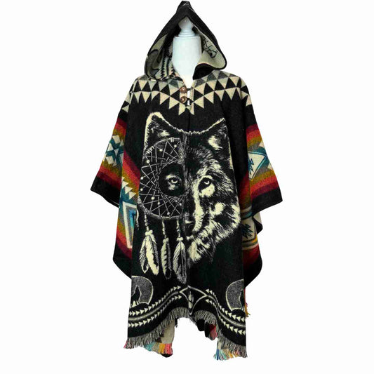 Unisex Alpaca Hooded Poncho Cape with Moon and Spirit Wolf Designs