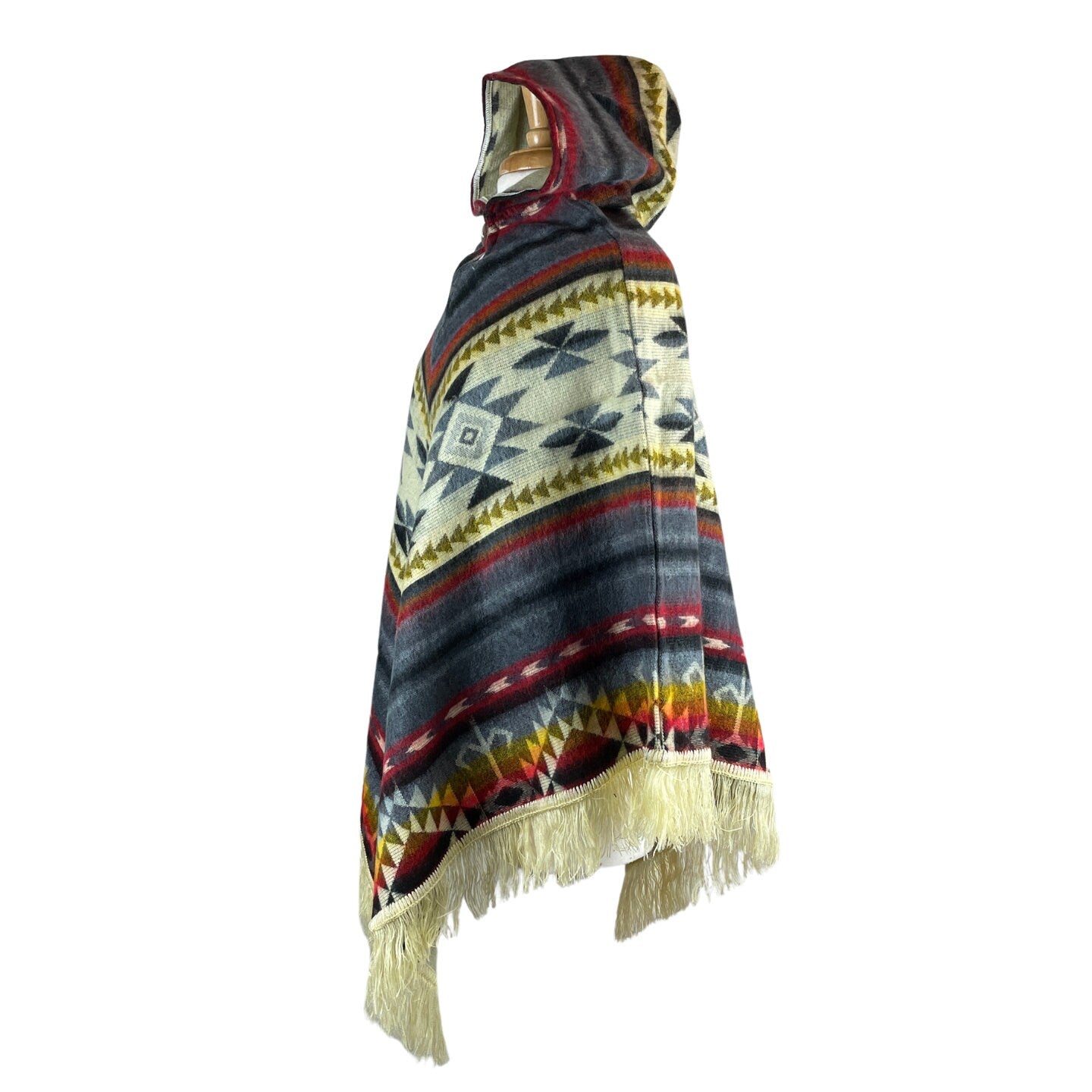 V-Shaped Alpaca Hooded Poncho | Gray Beige Red Colorful
