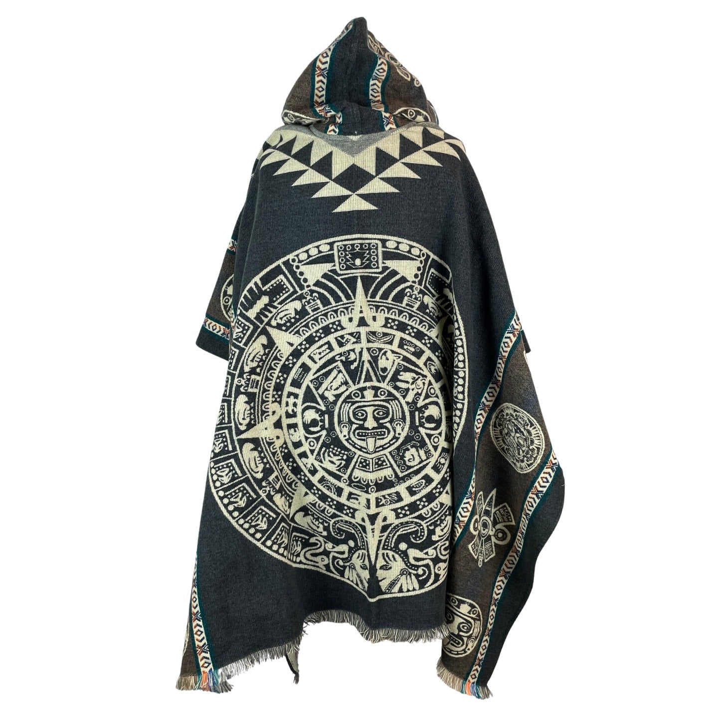 Warm Hooded Unisex Aztec Calendar Poncho - Gray Beige