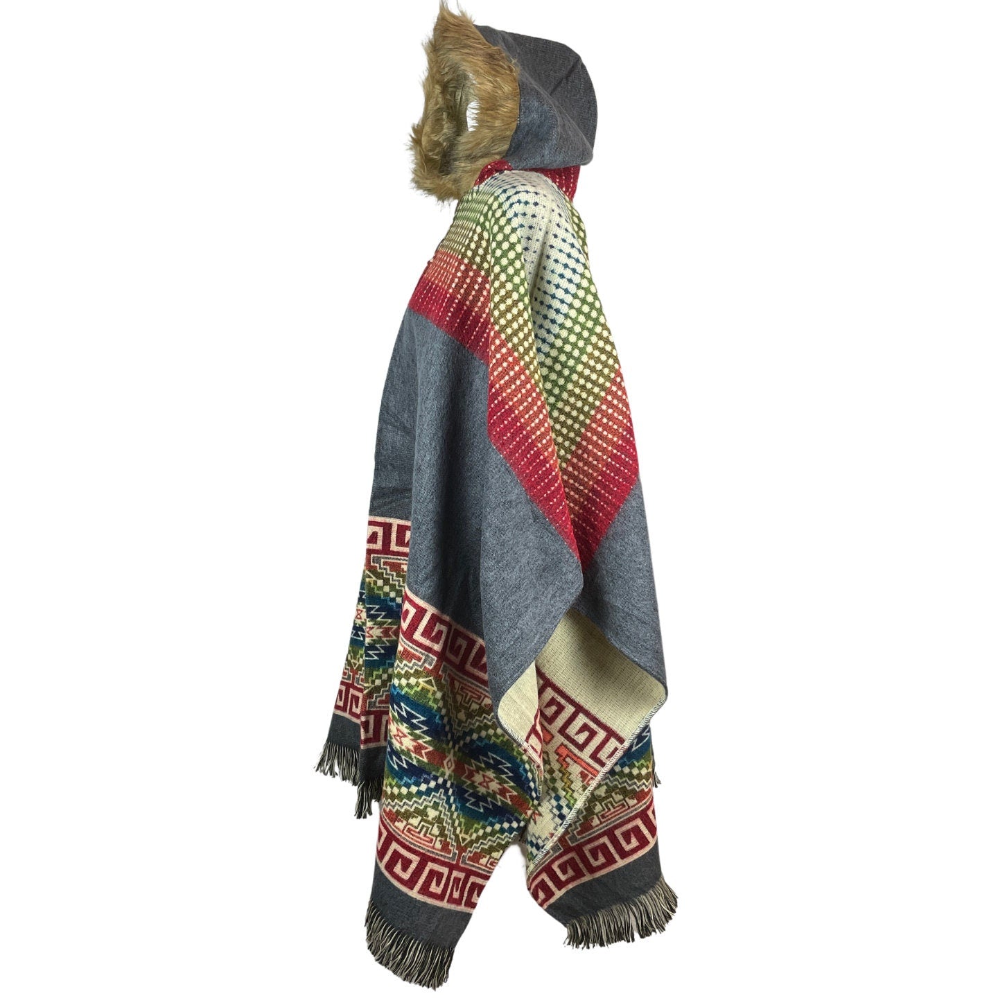 Faux Fur Hooded Hippie Poncho | Gray Olive Red