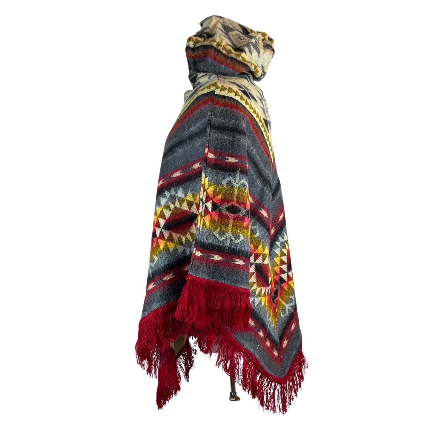 V-Shaped Alpaca Hooded Poncho | Gray Beige Red Colorful