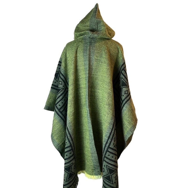 Mens Alpaca Wool Poncho Hoodie | Green Black