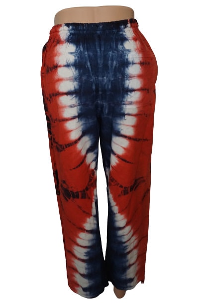 Hippie Tie Dye Pants with Pockets Size L | Loungewear Womens Men Boho Pants | 4th of July Pants | Red Blue White