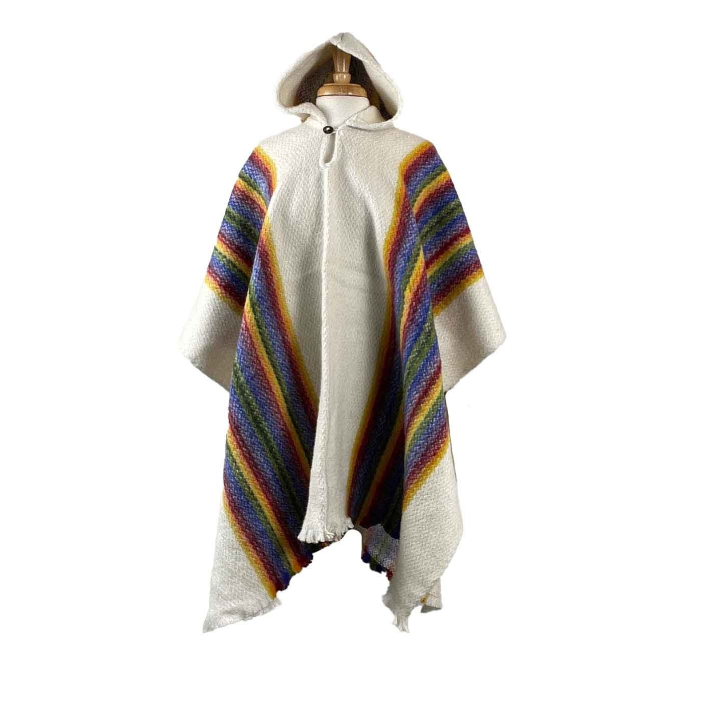 Weighted White Rainbow Hooded Wool Poncho