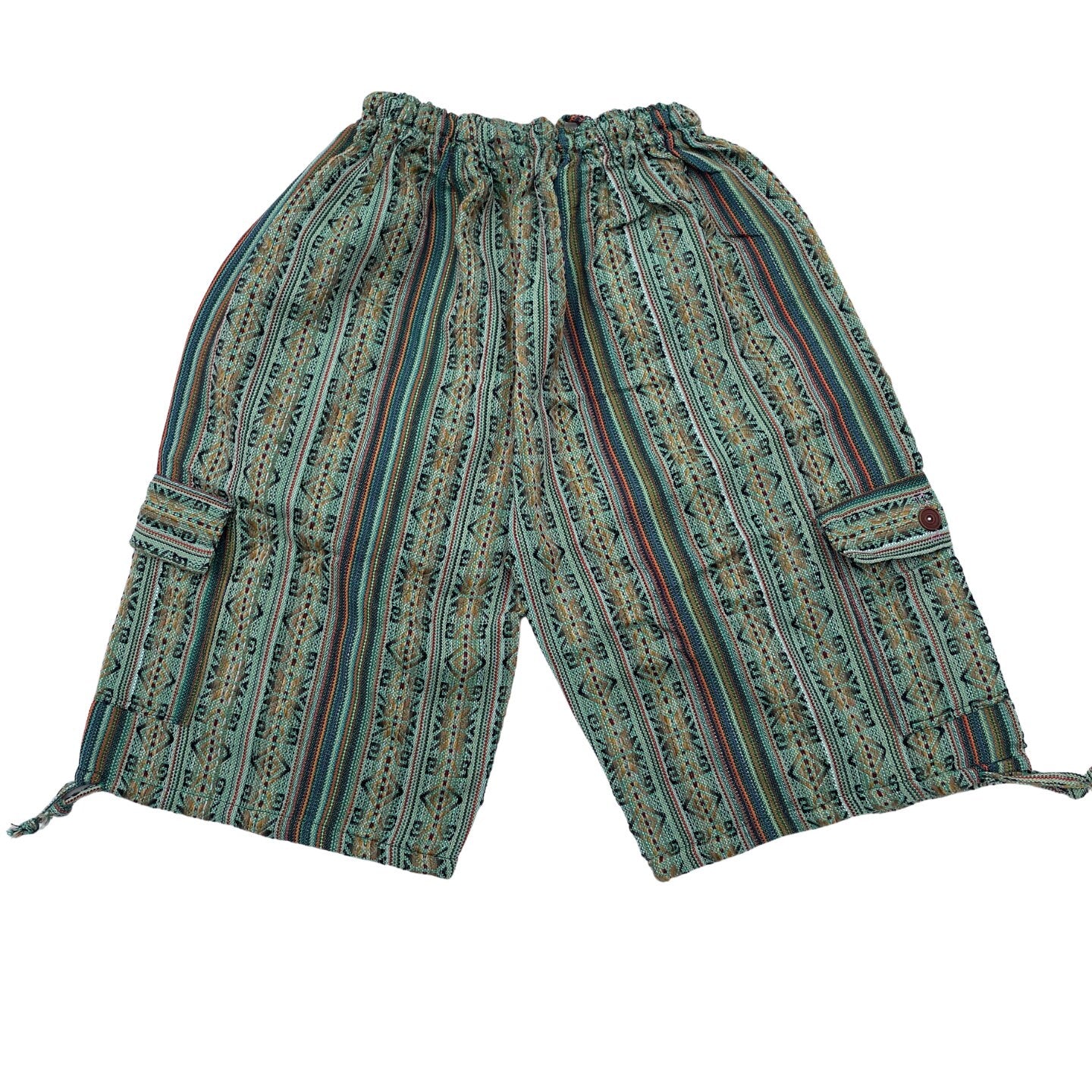 Unisex Woven Boho Cargo Shorts Size L | Hippie Shorts | Tribal Shorts | Laurel Green Macchiato