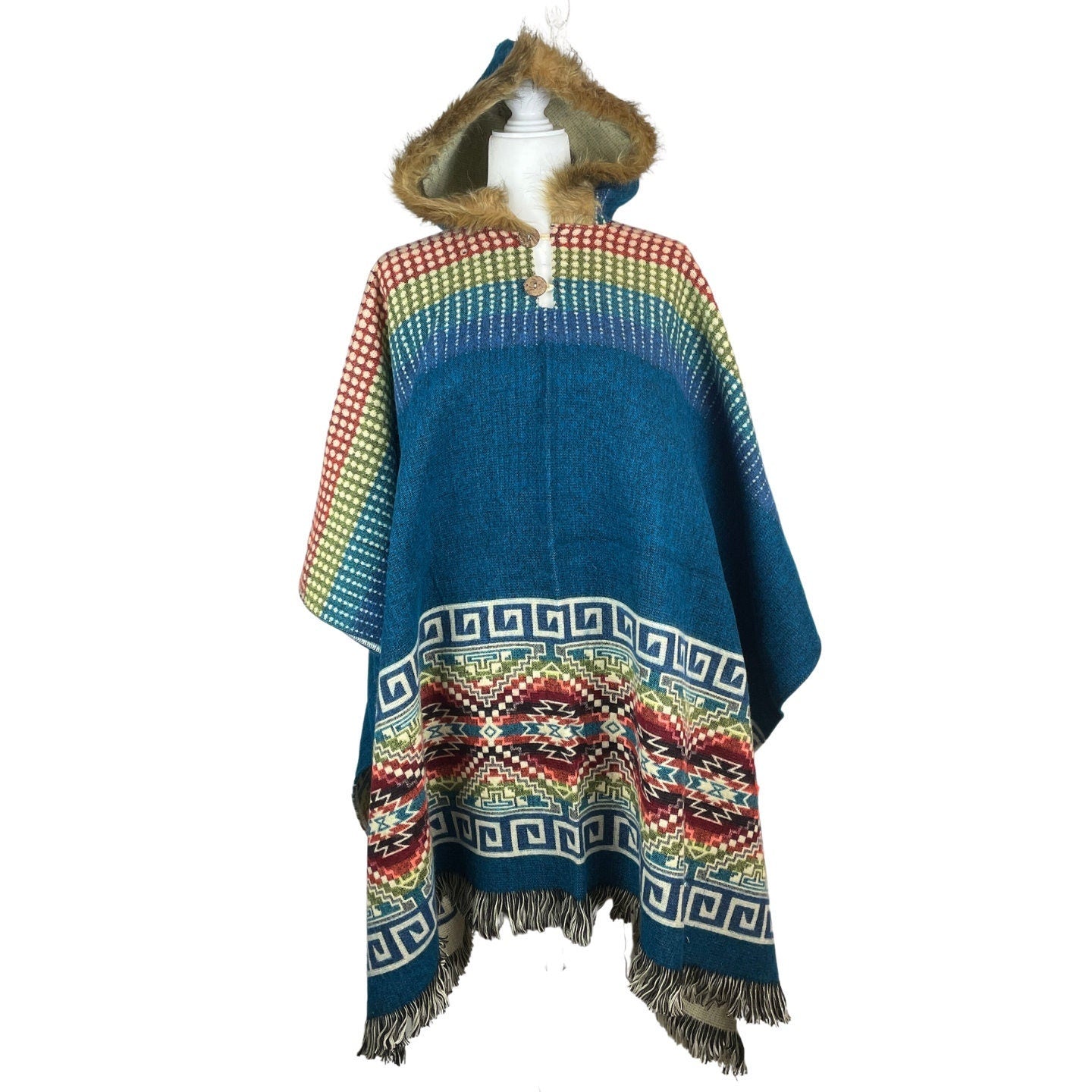 Warm Faux Fur Hooded Hippie Poncho | Lapis Lazuli Colorful