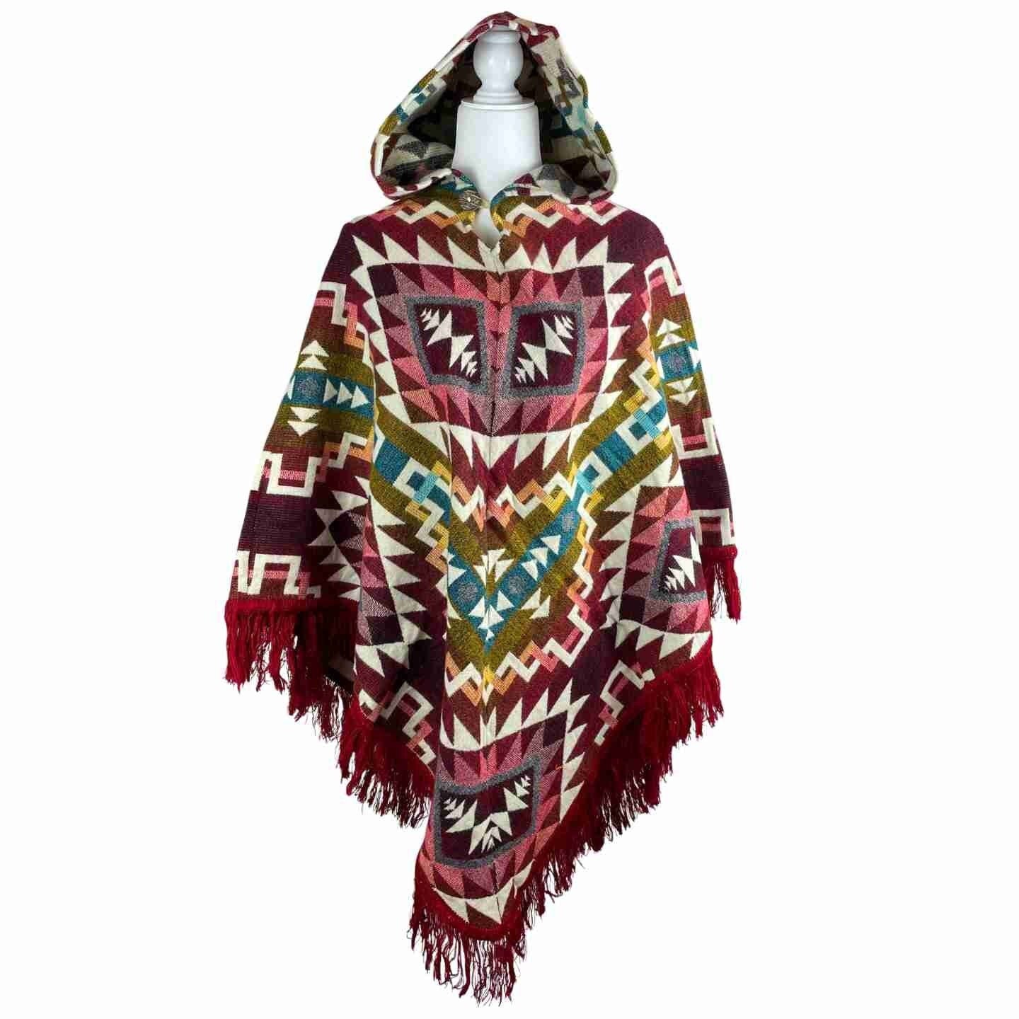 Warm Cozy Boho Alpaca Wool Hooded Poncho - Winter Soft Outerwear for Women, Wine Colorful V Style Cape with Tassels